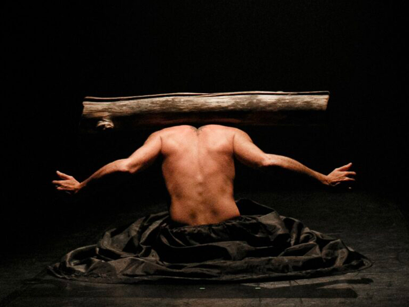 in uno spazio buio si staglia la schiena nuda del danzatore. Le sue spalle sorreggono in equilibrio un grosso tronco di albero.