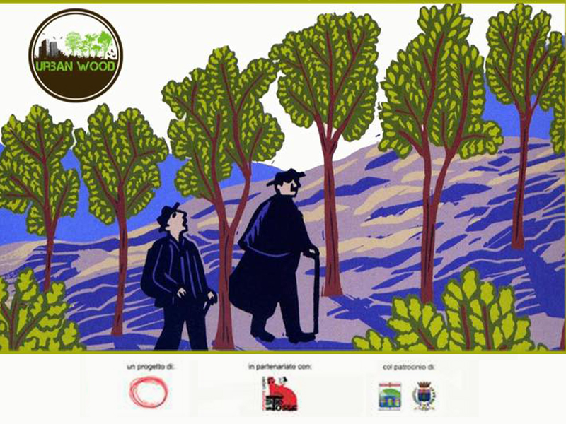 Illustrazione con uomini e alberi