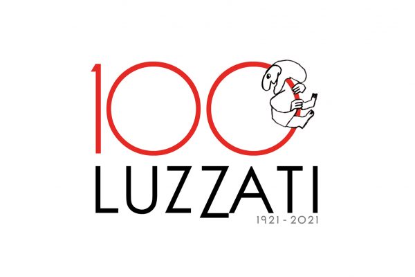 Un logo con il numero 100 e il nome Luzzati. sullo 0 del numero si arrampica un Pulcinella