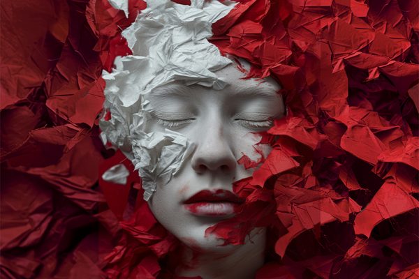 viso di donna su foglie rosse